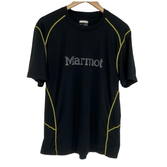 Marmot‎ Mens XL T-Shirt Black Spell Out Logo Performance Yellow Stitch - Picture 1 of 8